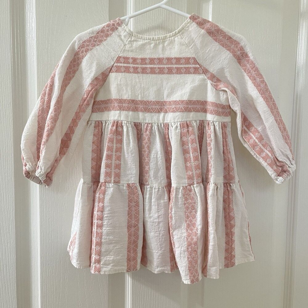 Zara Pink Cream Textured Striped Dress Rustic Jacquard Girls Size 12-18 Months